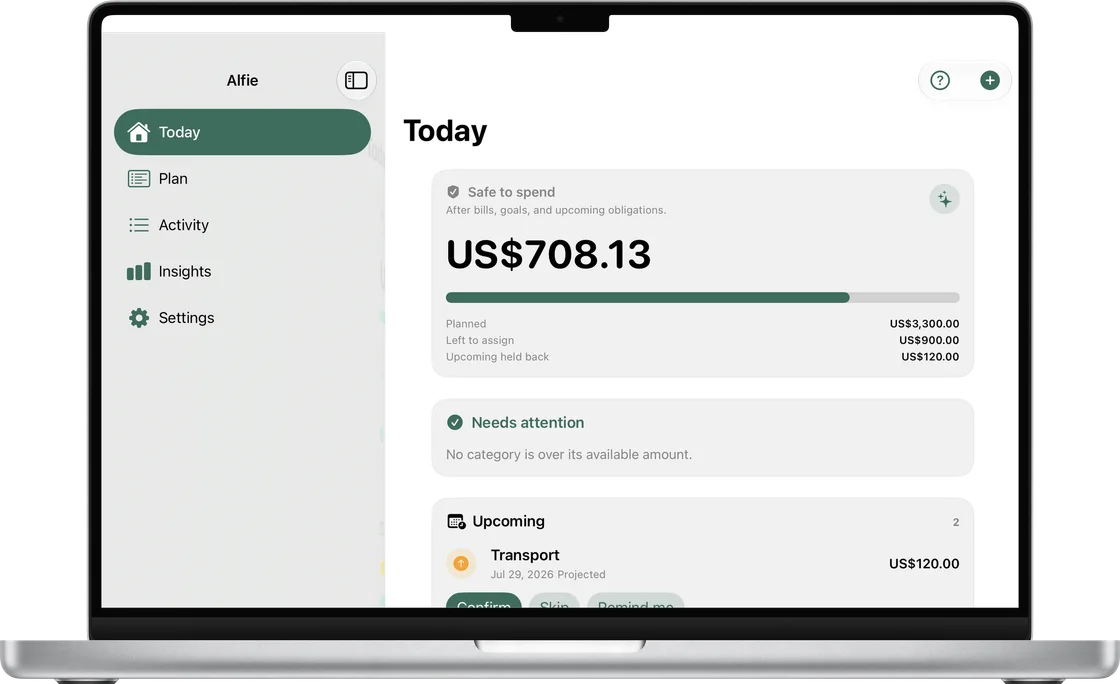 Alfie Budget Today screen on Mac.
