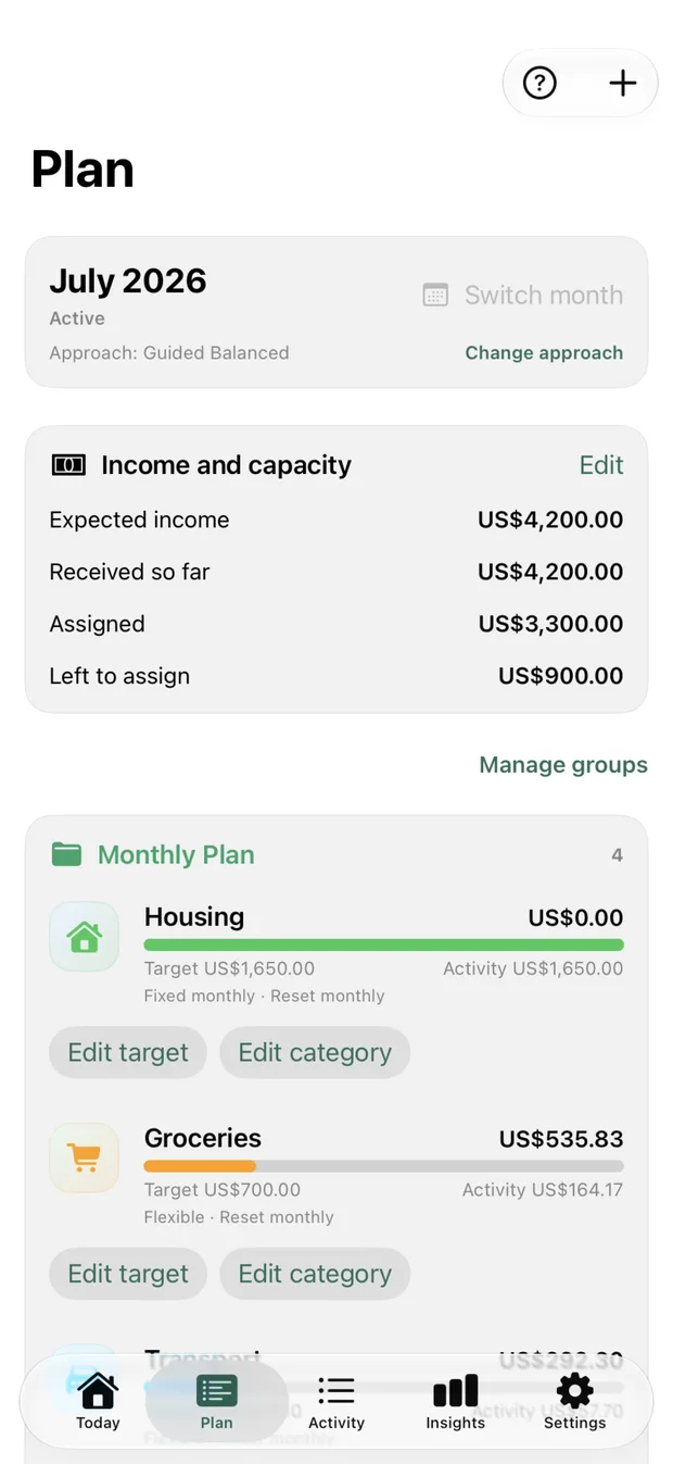 Alfie Budget Plan screen with income assigned across needs, wants and goals.