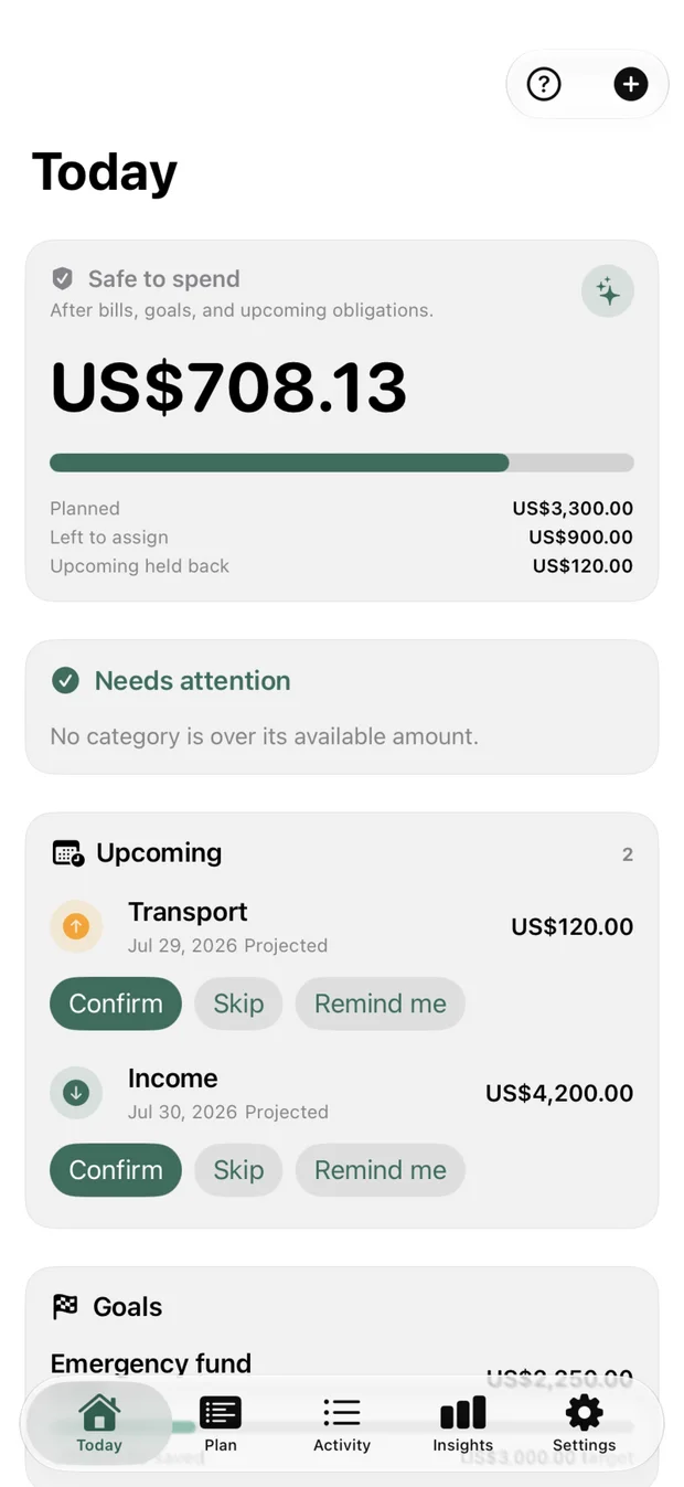 Alfie Budget Today screen with daily safe-to-spend and category progress.